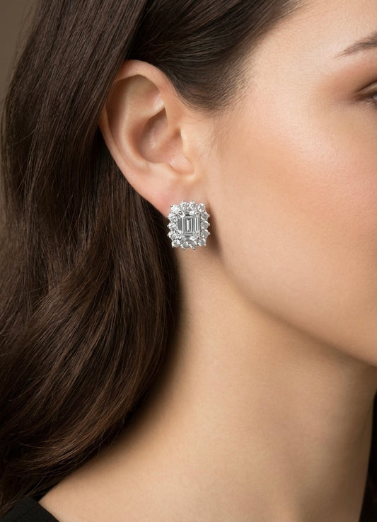 The Sistora 'Royal Glare' Emerald-Cut Halo Studs (925 Silver)