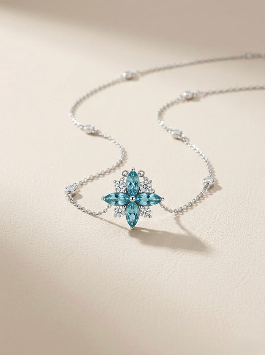 Blue Ice Cut Simulated Diamond Flower Pendant Necklace 925 Sterling Silver 18