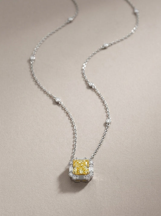 Ice Cut Yellow Cushion Simulated Diamond Halo Pendant Necklace 925 Sterling Silver