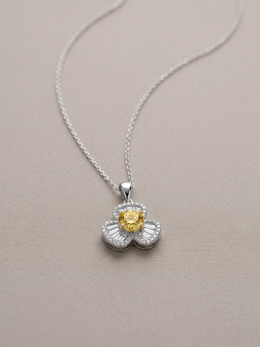 925 Sterling Silver Flower Pendant Necklace Yellow Round Stone Baguette Women