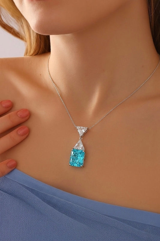 Blue Ice Cut Cushion Simulated Diamond Drop Pendant Necklace 925 Sterling Silver