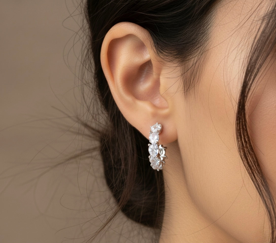 Sistora Ice Cut D Color Simulated Diamond Marquise J Hoop Earrings (925 Sterling Silver)