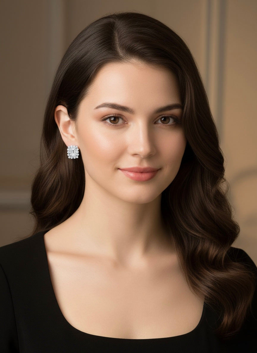 The Sistora 'Royal Glare' Emerald-Cut Halo Studs (925 Silver)