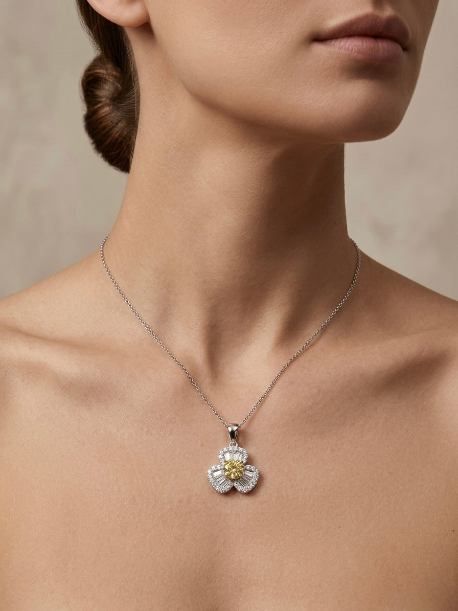 The Sistora 'Solar Blossom' Canary Yellow Baguette Flower Pendant (925 Silver)