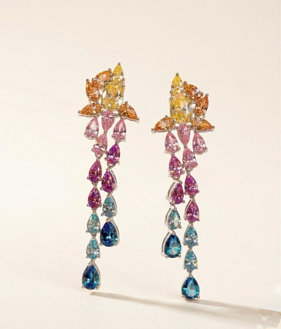 The Sistora 'Rainbow Flare' Ombre Waterfall Drop Earrings (925 Silver)