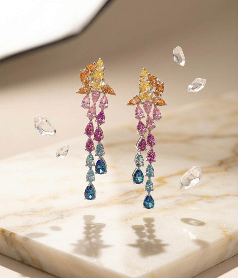 The Sistora 'Rainbow Flare' Ombre Waterfall Drop Earrings (925 Silver)