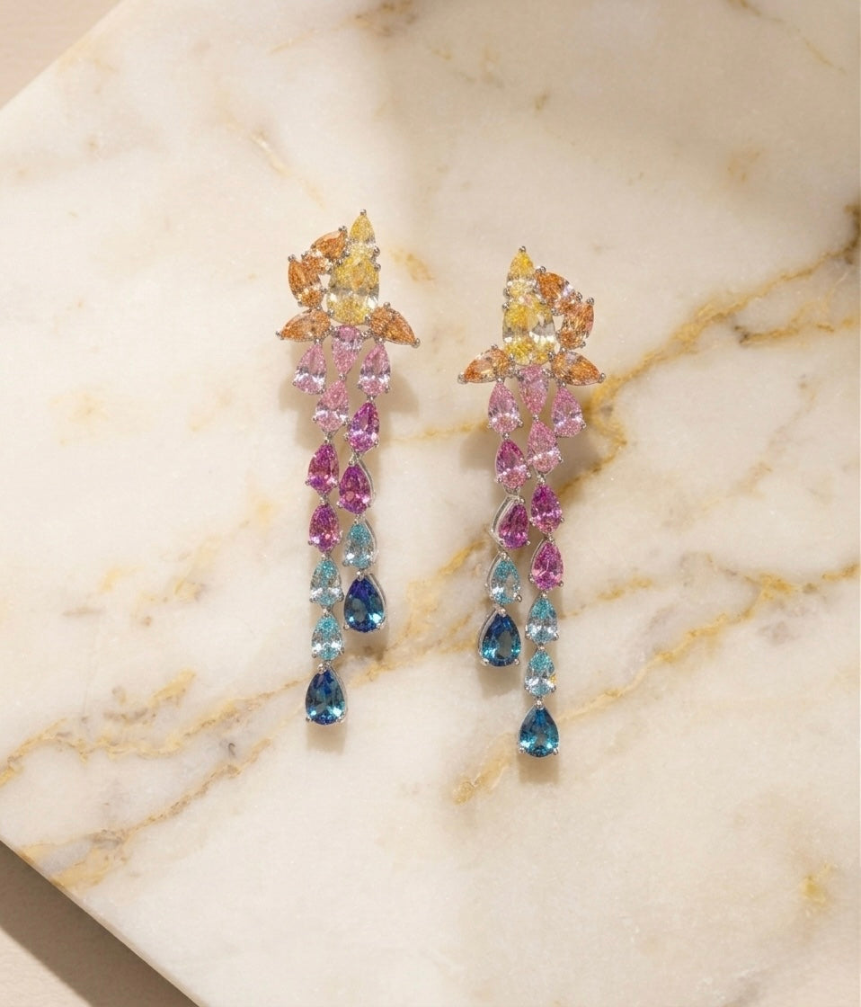 The Sistora 'Rainbow Flare' Ombre Waterfall Drop Earrings (925 Silver)