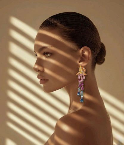 The Sistora 'Rainbow Flare' Ombre Waterfall Drop Earrings (925 Silver)